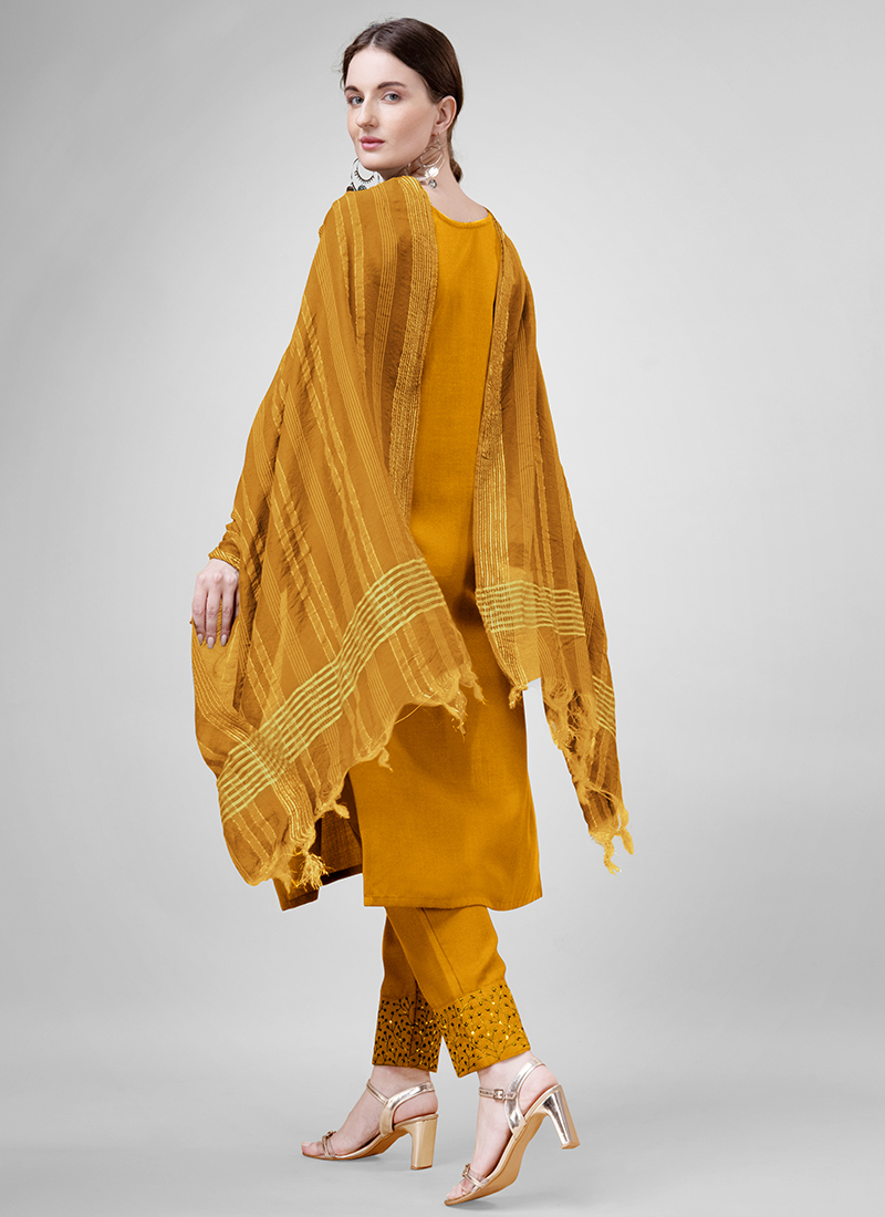 Yellow Attractive Looking Readymade Pant Suit With Embroidery Printed Work
